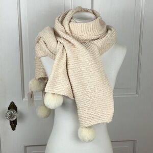 Pom- Pom Chenille Soft Knit Wide Scarf Ivory NWT